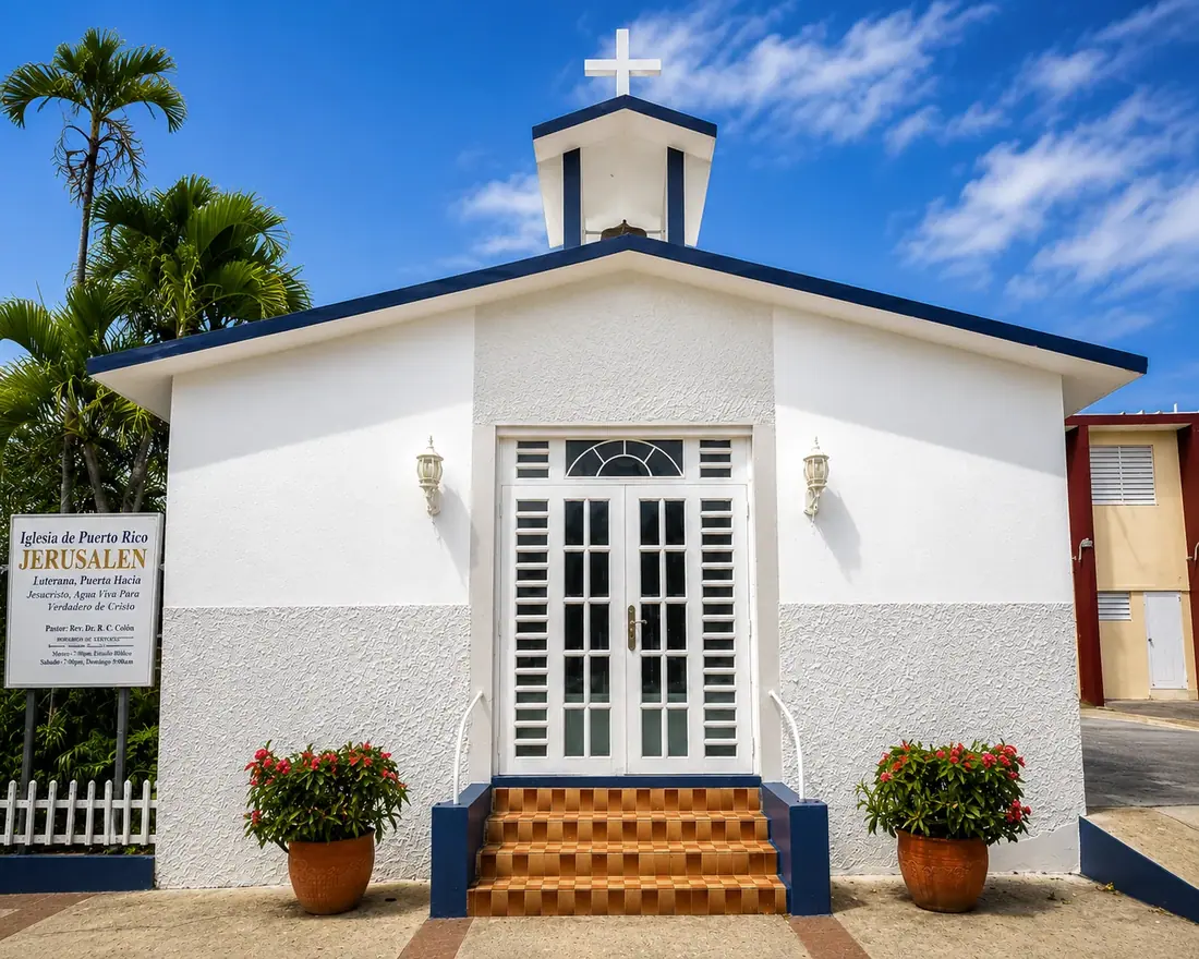 Iglesia Metodista Jerusalén, the Methodist church with red trim and white cross in downtown Culebra, Puerto Rico