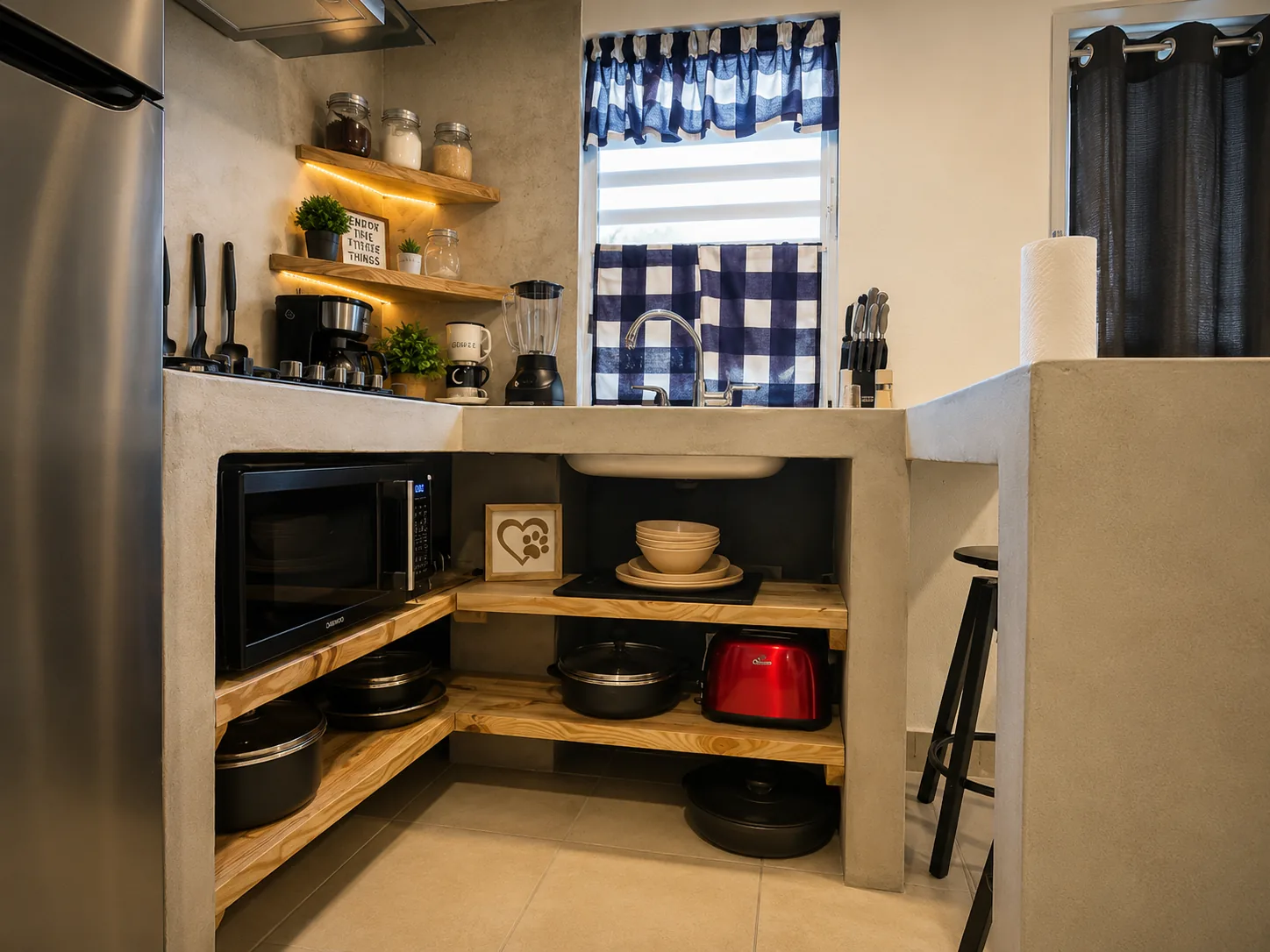 Rota kitchen with concrete counters and open shelving