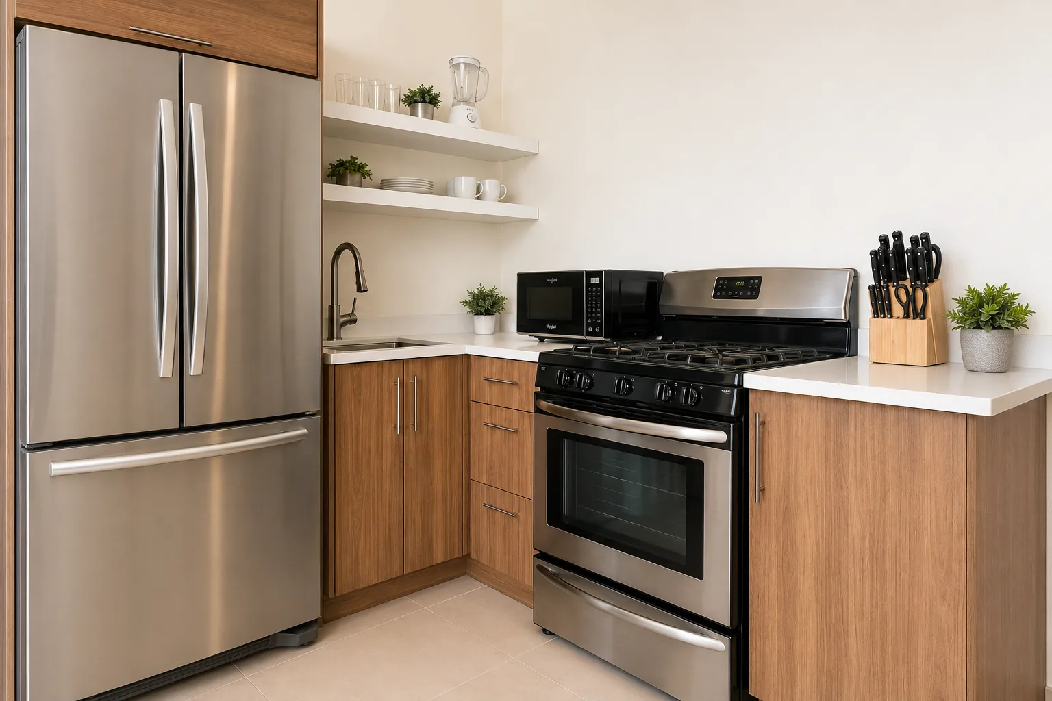 Suez full kitchen with stainless appliances and wood cabinetry