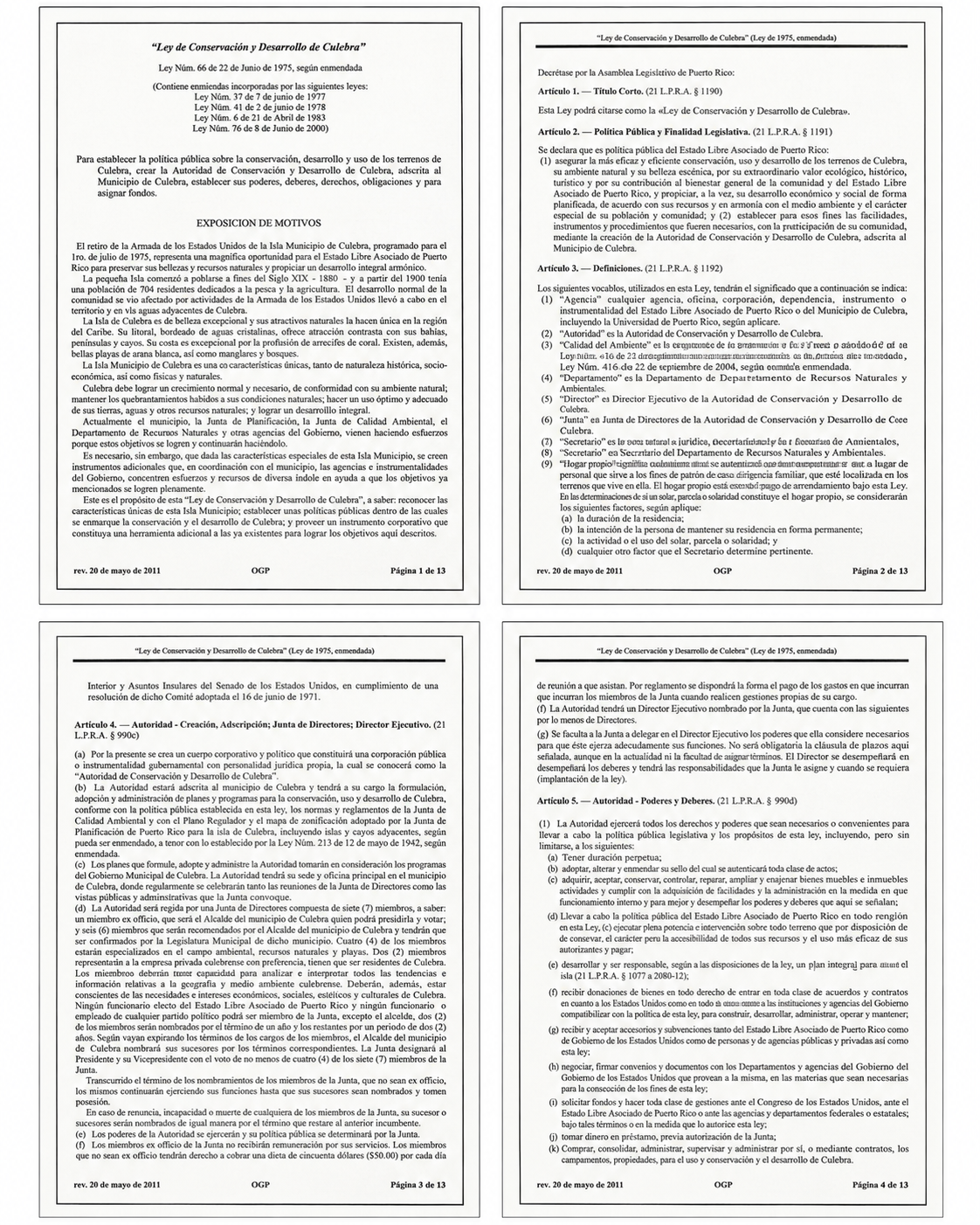Law No. 66 of 1975 — Culebra Conservation and Development Act — Pages from the Conservation and Development Law of Culebra. This material preserves part of the legal framework supporting the island's protection, administration, and orderly development.