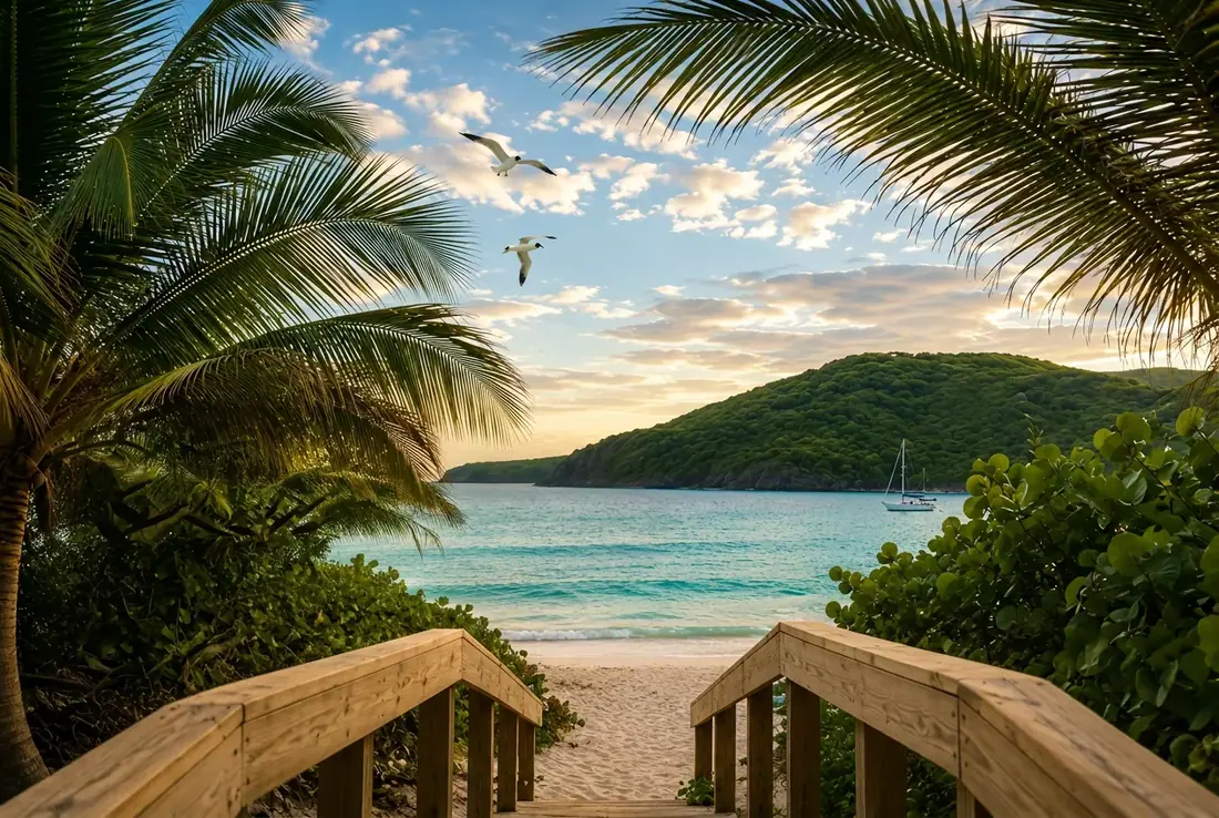 Wooden walkway leading to Flamenco Beach with the iconic hill of Culebra in the distance