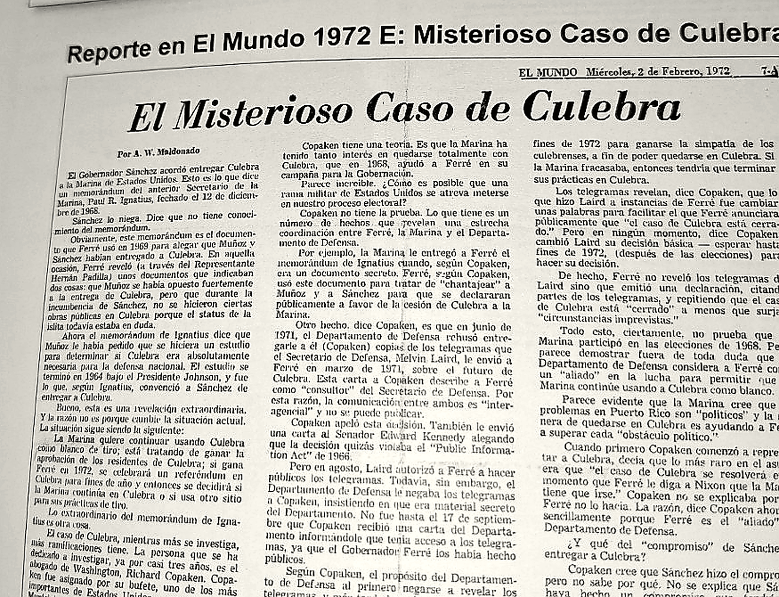 El Mundo: El Misterioso Caso de Culebra — Archival record identified in Blanco: Culebra, Digna Feliciano.