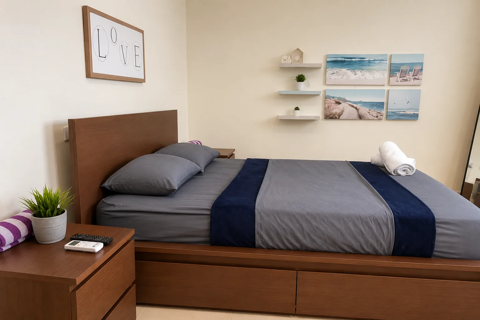 Athens master bedroom with queen bed and coastal artwork