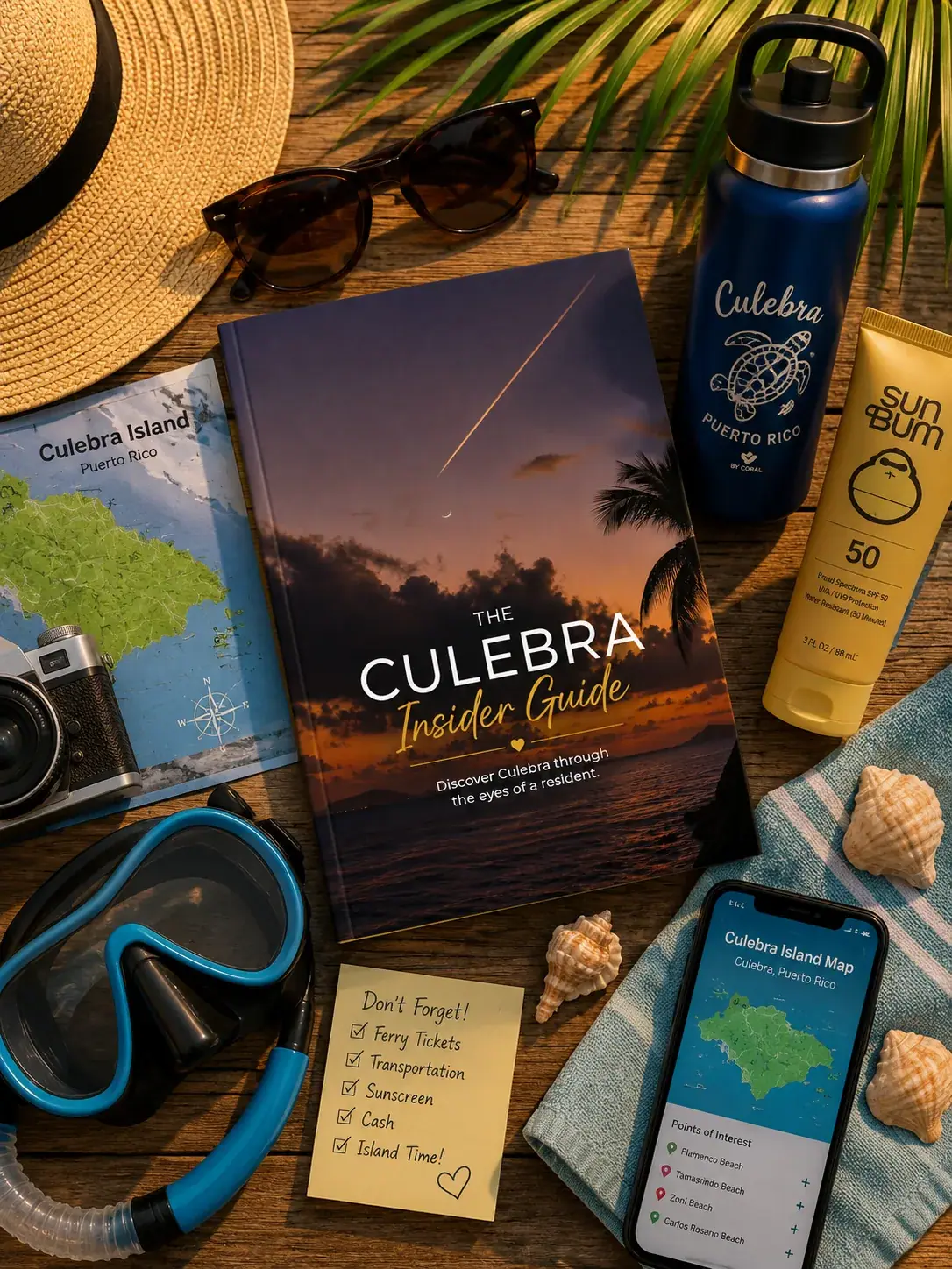 Culebra travel essentials flat-lay — insider guide, snorkel gear, sun hat, and island map