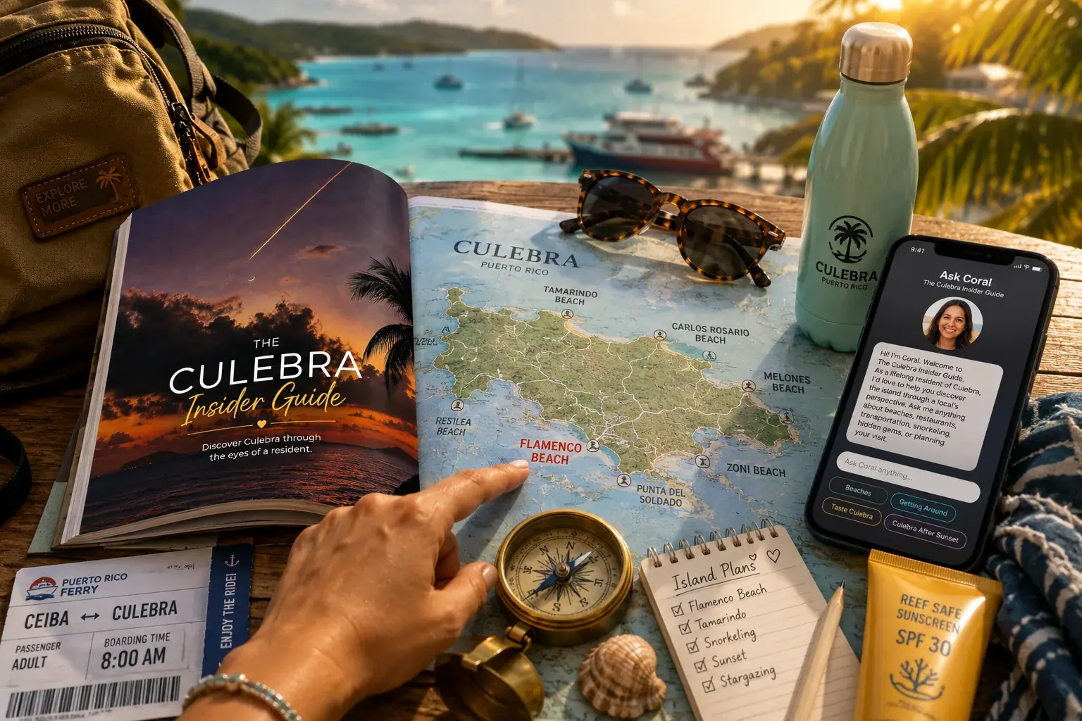 The Culebra Insider Guide open on a map of Culebra beside a compass, ferry ticket, sunglasses, sunscreen, and phone showing the Ask Coral chatbot, overlooking the turquoise Caribbean at sunrise