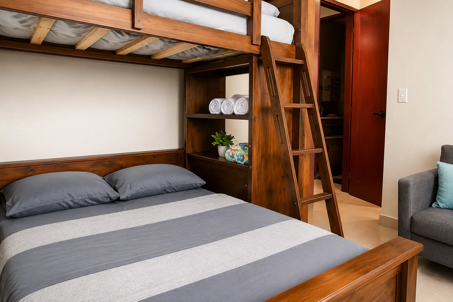 Athens bunk room with double lower bed and built-in shelving