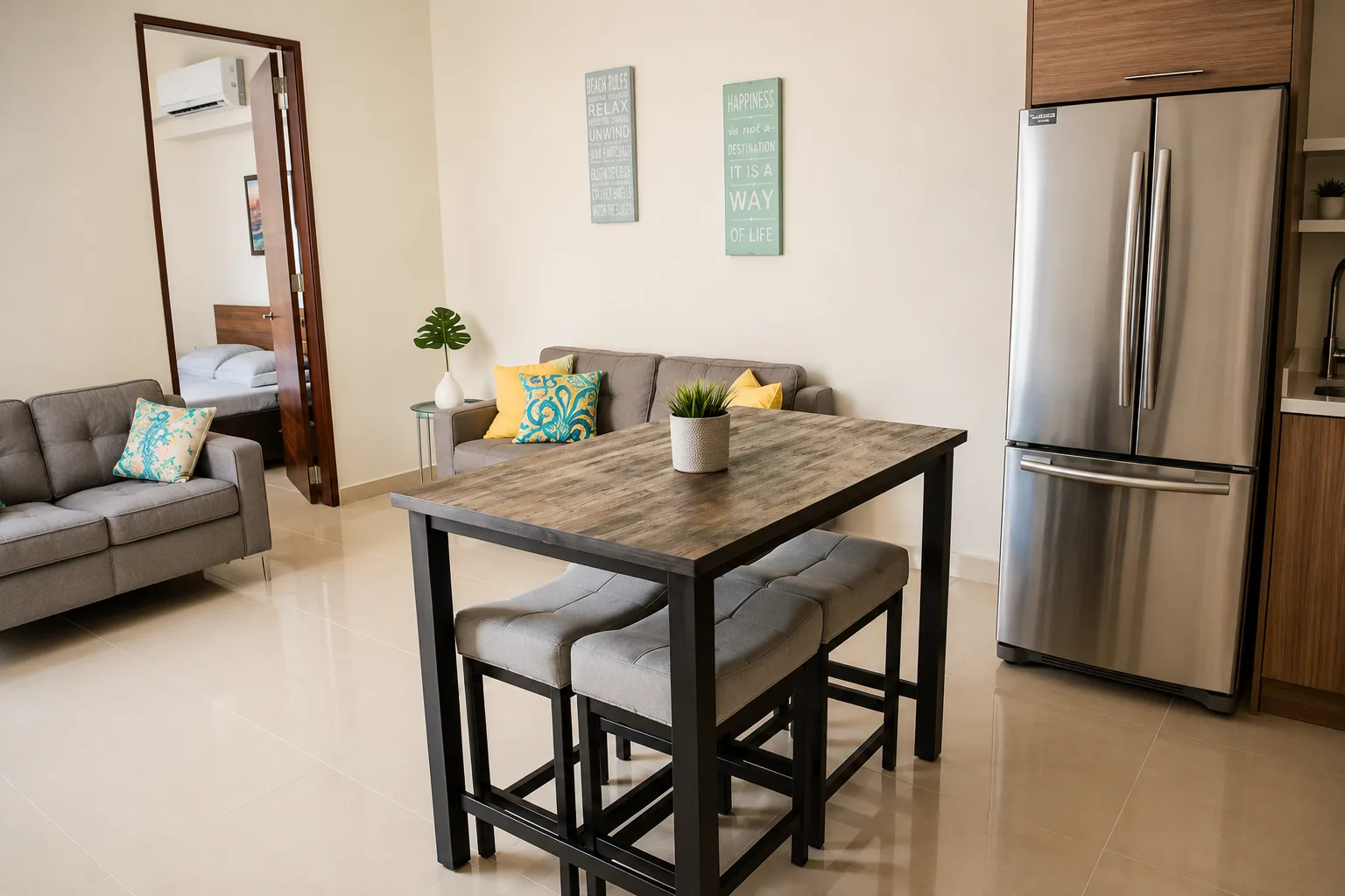 Suez dining and living area with wooden table and grey sofas