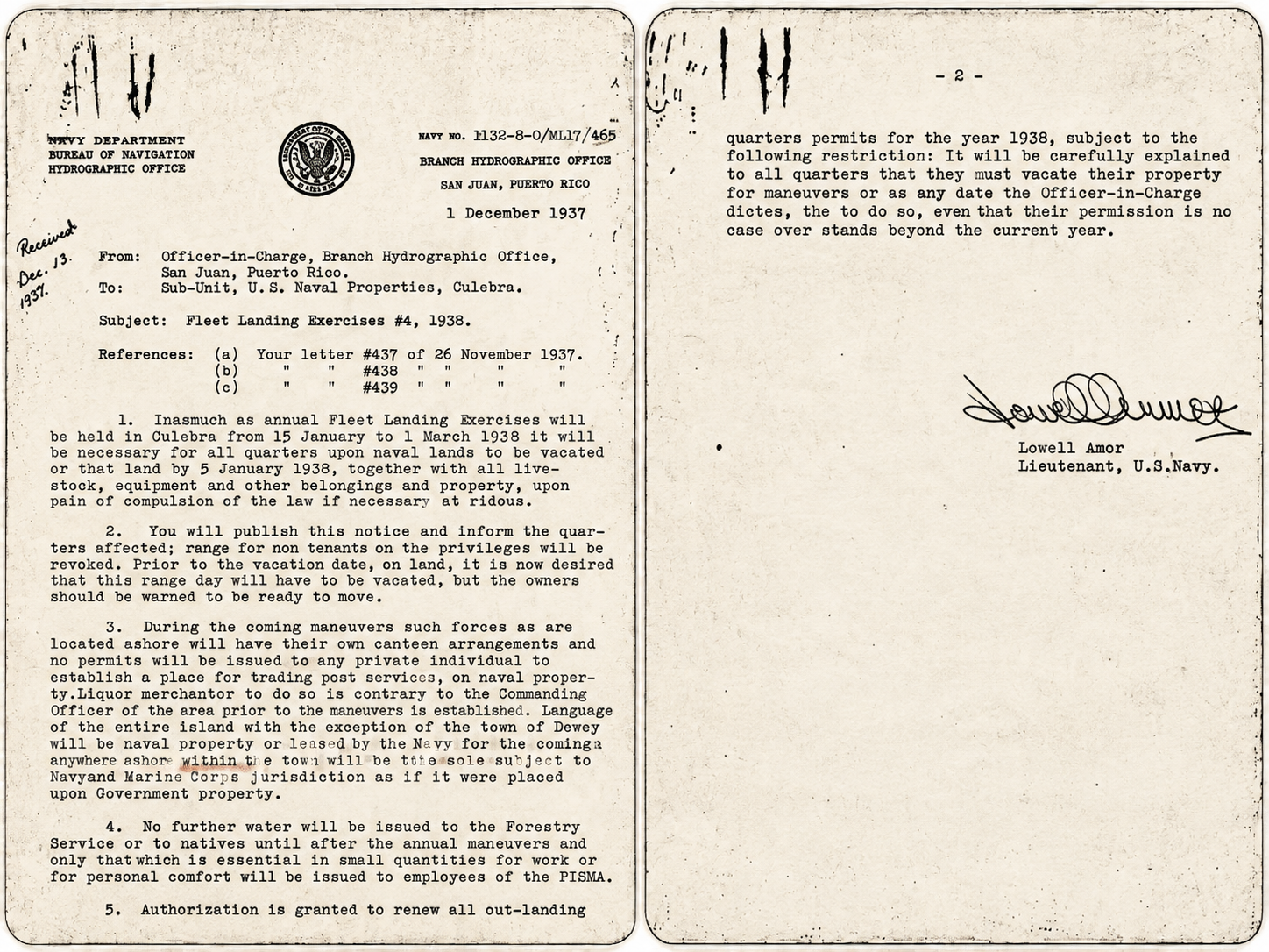 1937 Memo — first page — 1937 naval memorandum related to military maneuvers and directives in Culebra. Preserved as a documentary source in the Digna Feliciano Collection.