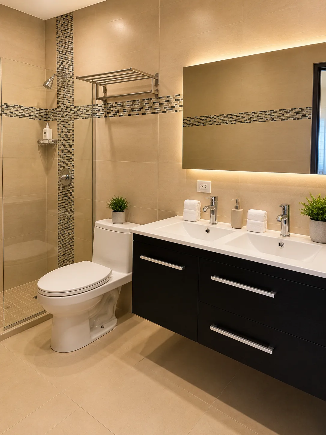 Suez full bathroom with glass shower and double vanity