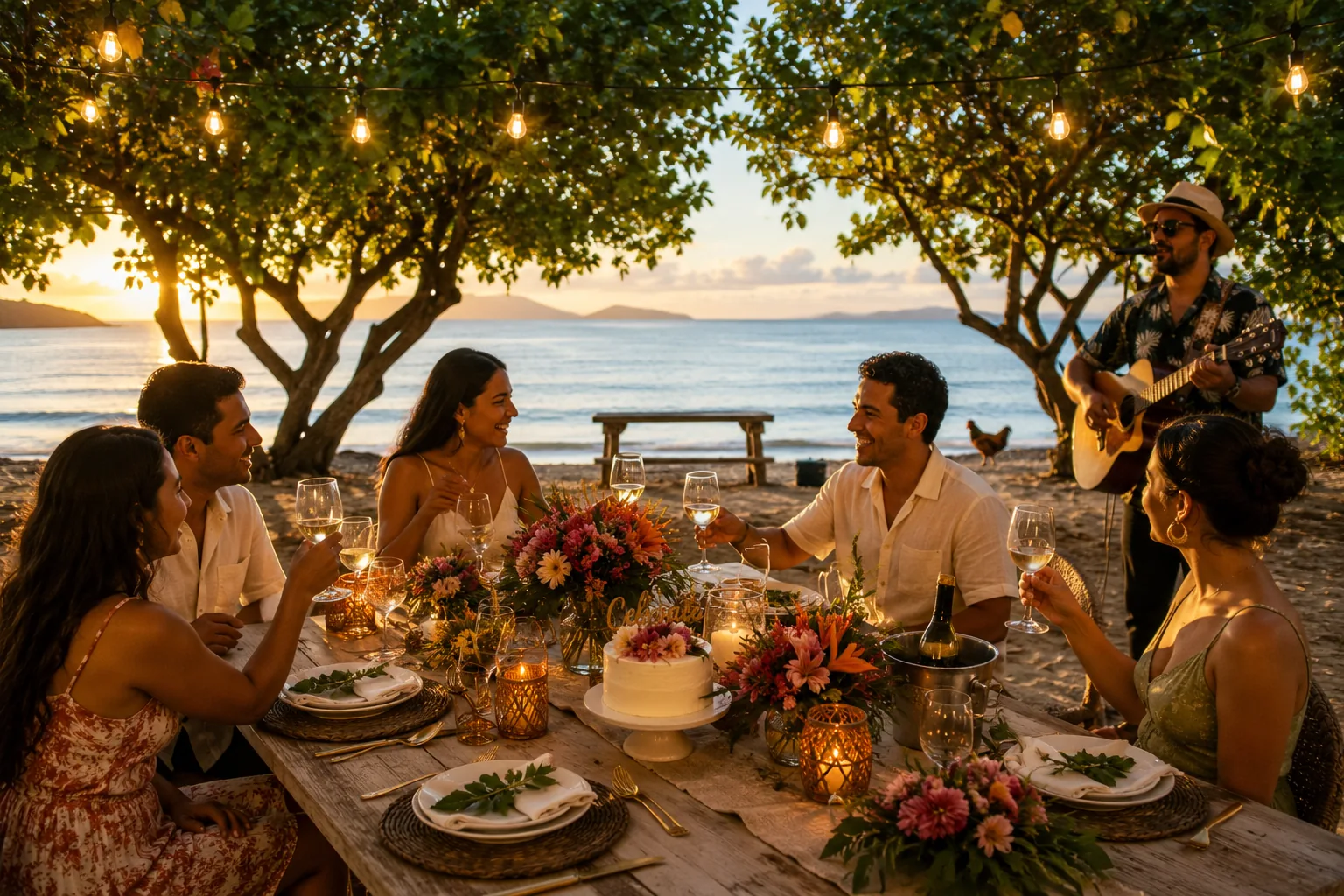 Friends toasting around a decorated beachfront celebration table at sunset in Culebra