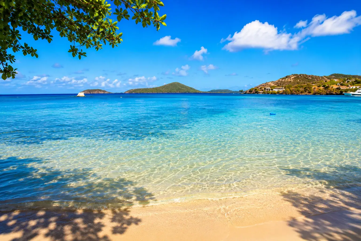 Datiles Beach — calm turquoise shallows meeting a soft sandy shore under a bright Caribbean sky