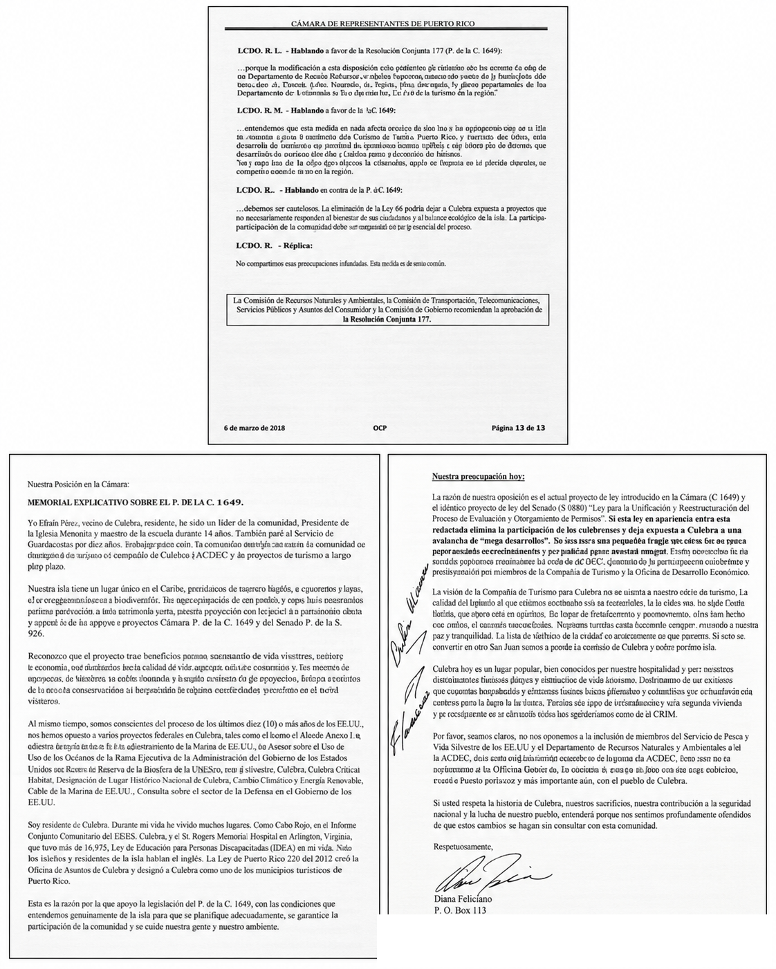 House bill and public-hearing defense materials — Documentary dossier on Culebra. A set of pages preserving statements, explanatory memorials, and concerns expressed in defense of community participation and the protection of the island's future.