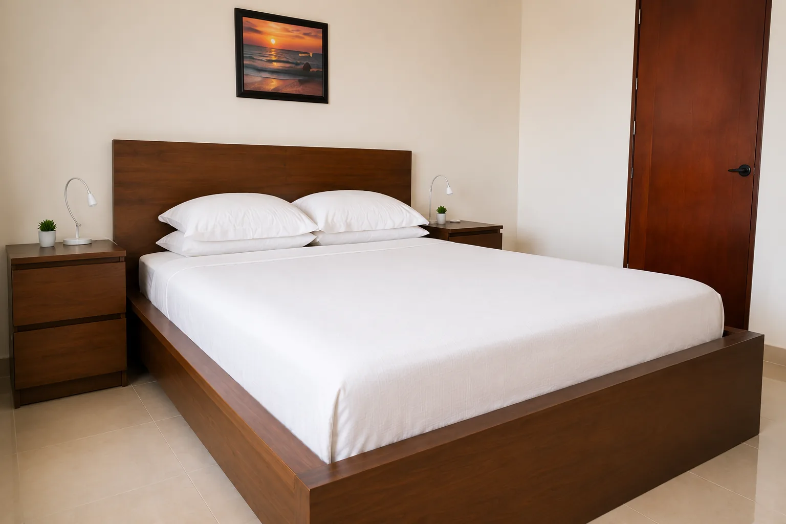 Suez master bedroom with queen bed and reading lamps