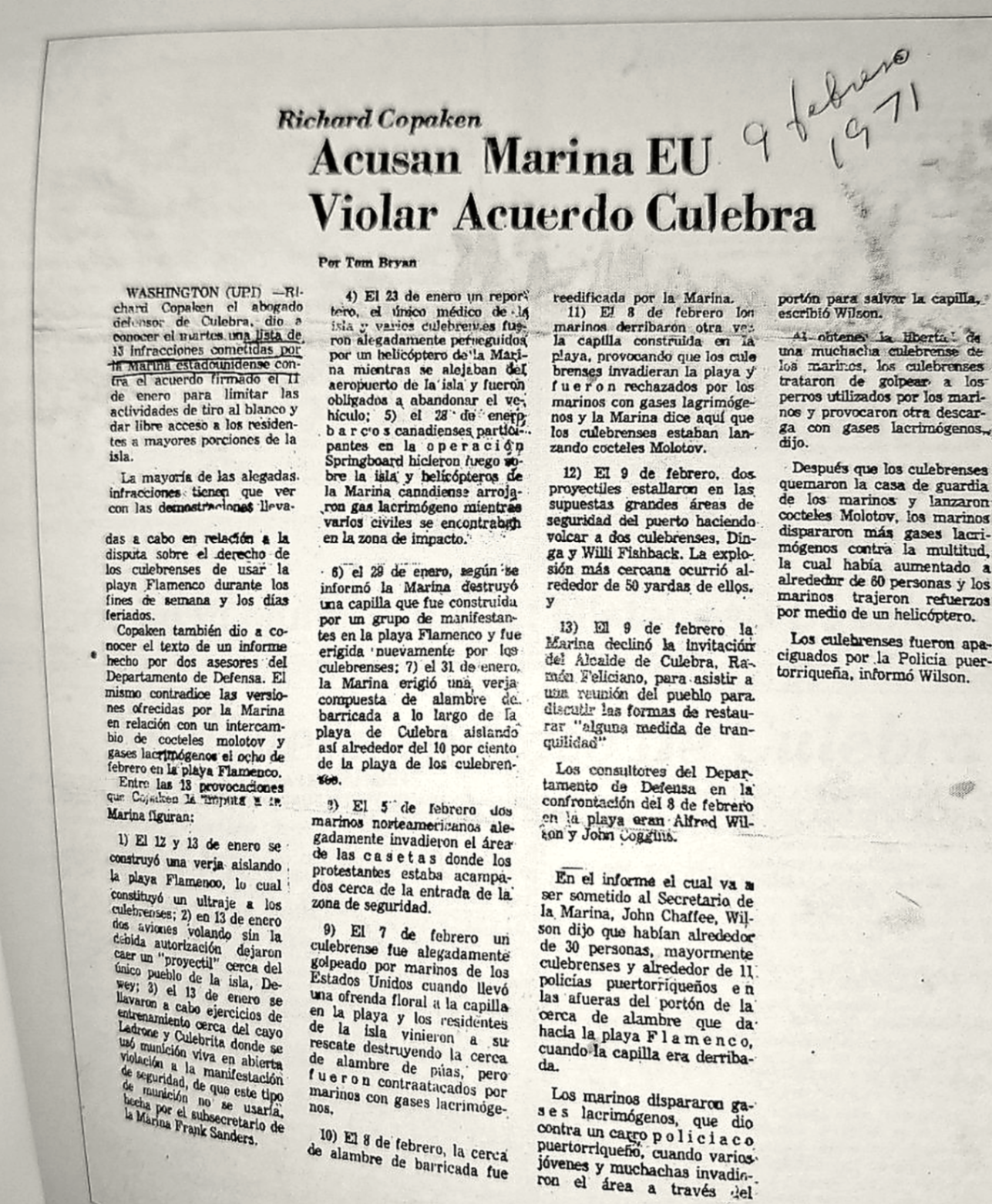Bombas del Campamento — Archival record identified in Blanco: Culebra, Digna Feliciano.