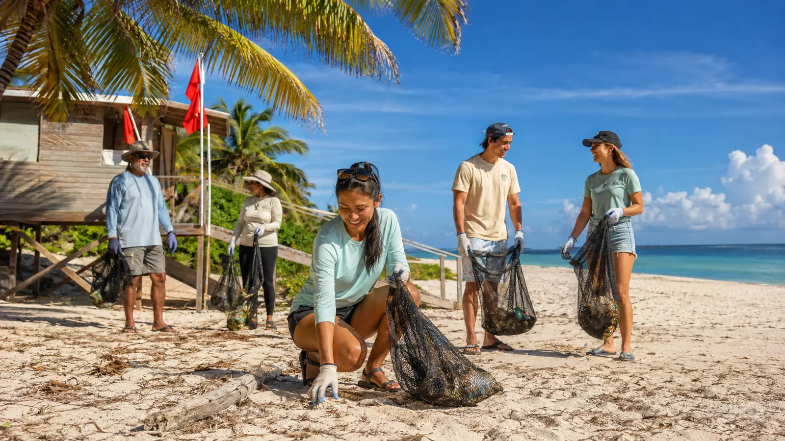 Volunteers collecting trash in mesh bags during a beach cleanup on a sunny Culebra shoreline