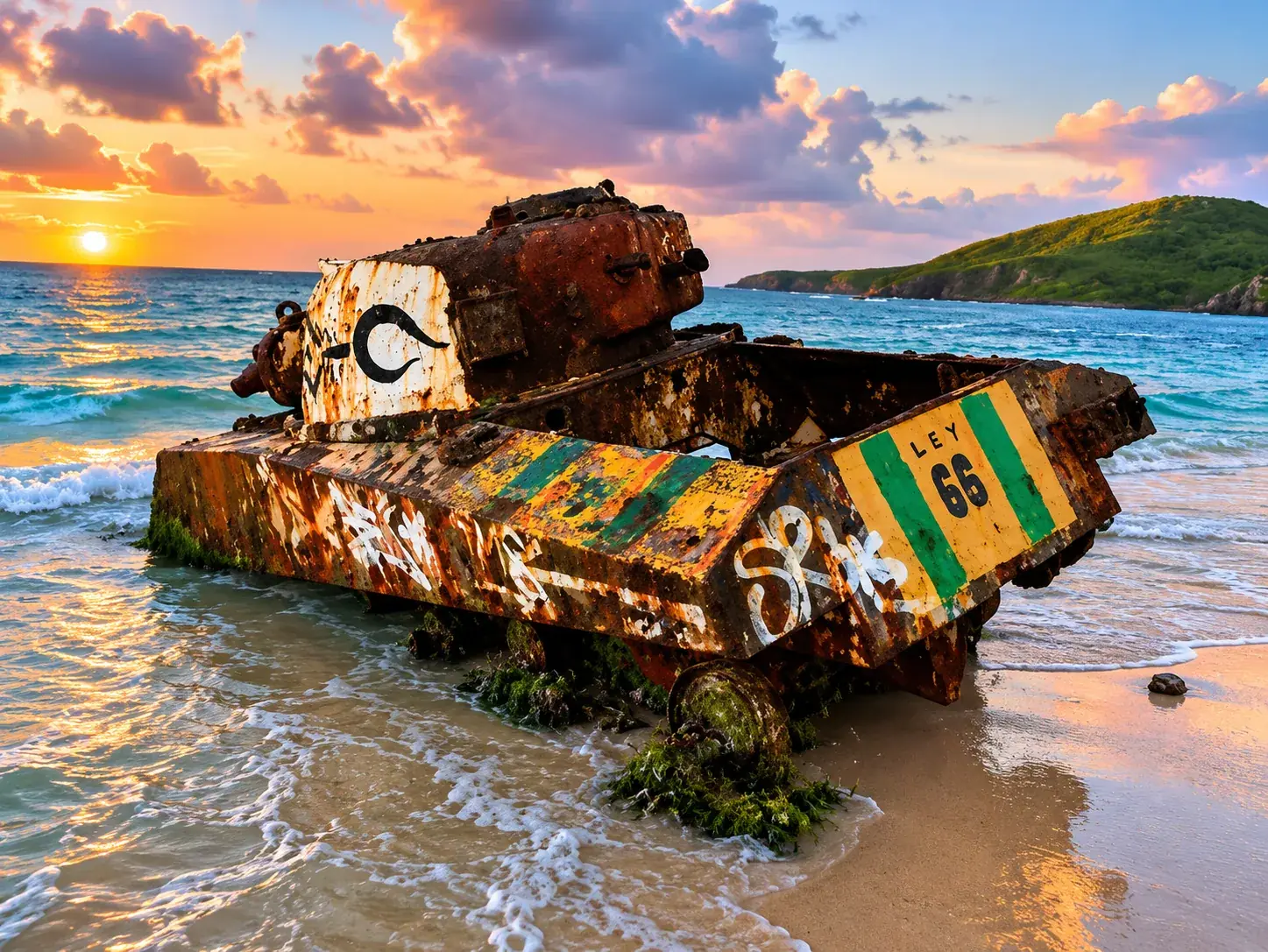 Rusted amphibious military vehicle on Flamenco Beach at sunset, painted by Culebra artist Jorge Acevedo with island iconography and the LEY 66 marking