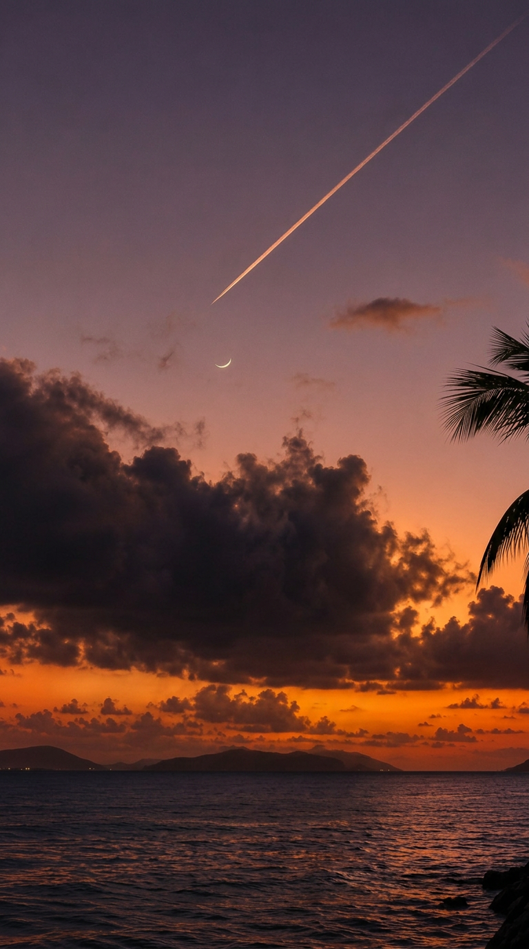 Culebra sunset with a crescent moon, airplane trail, clouds, ocean, and palm tree