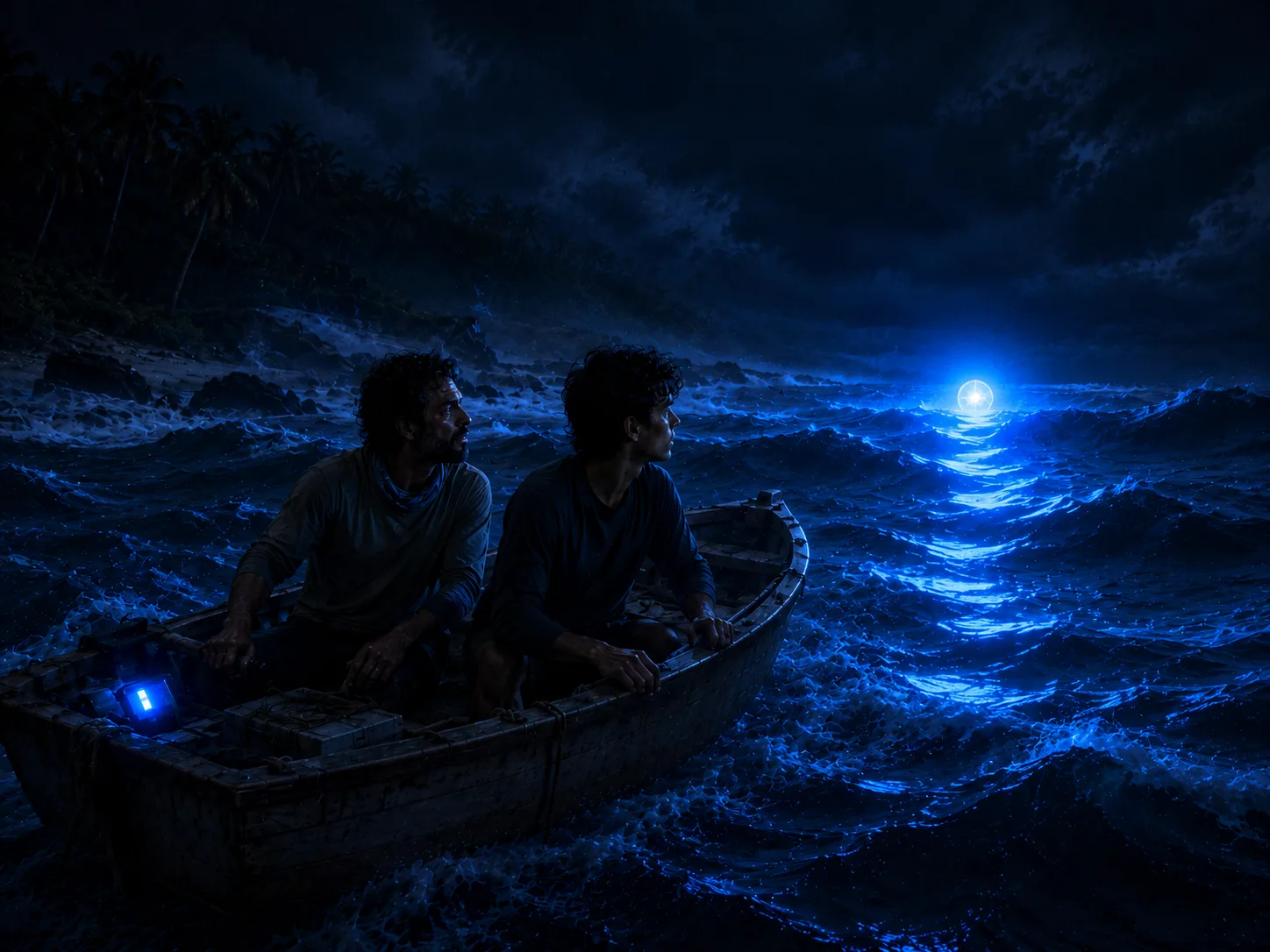 Two men in a boat watching a bright light on the night horizon