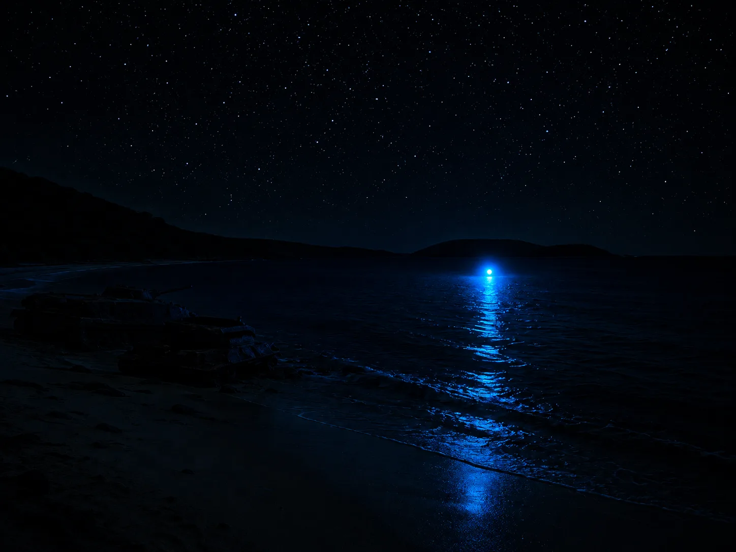 A mysterious blue light floating over the night sea in front of the abandoned tanks of Flamenco Beach