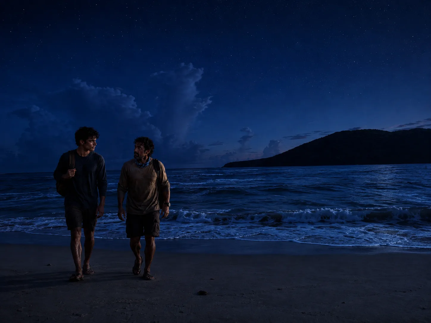 Two men walking along the beach at dusk