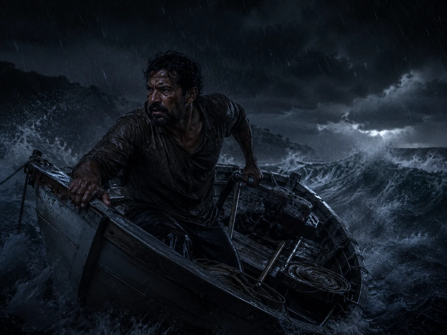 A man alone in a wooden boat in the middle of a dark, violent storm