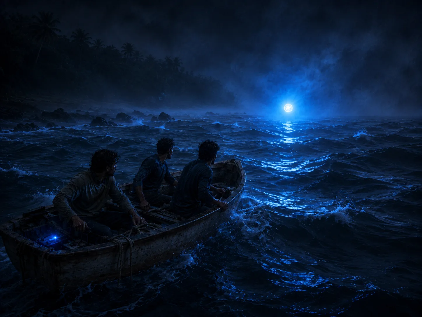 Three men in a small boat following a blue orb of light on the water
